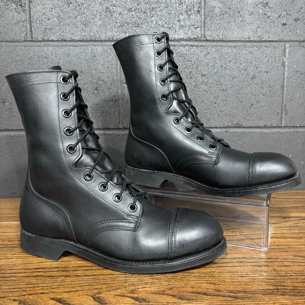 Vintage 1985 Addison Military Combat Boots Mens 10 R Black Leather Steel Toe USA